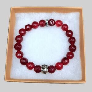 Ruby Red Quartz Bracelet Beaded Gemstone Artisan Made Stretch Tibetan Silver New